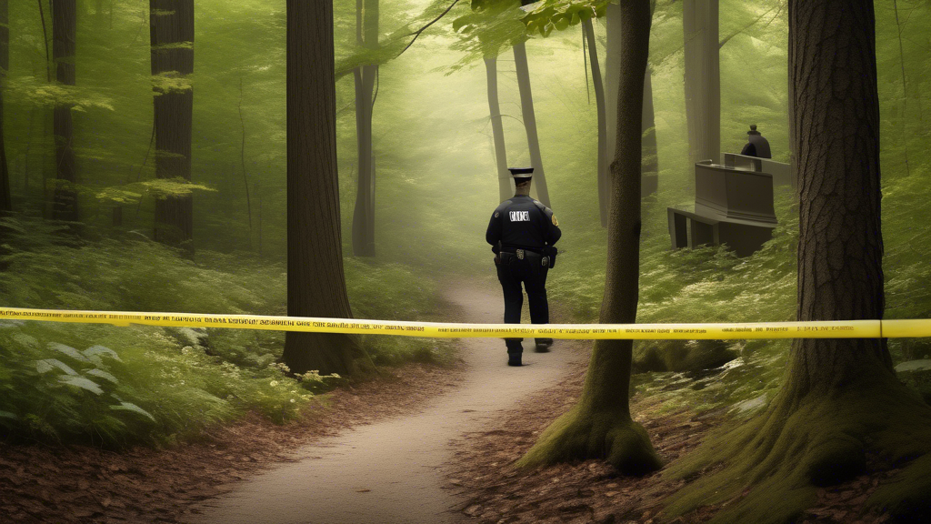 Create an image of a serene and picturesque hiking trail in a dense forest in Maryland. In the foreground, include a caution tape and police presence subtly indicating an investigation. Introduce a sm