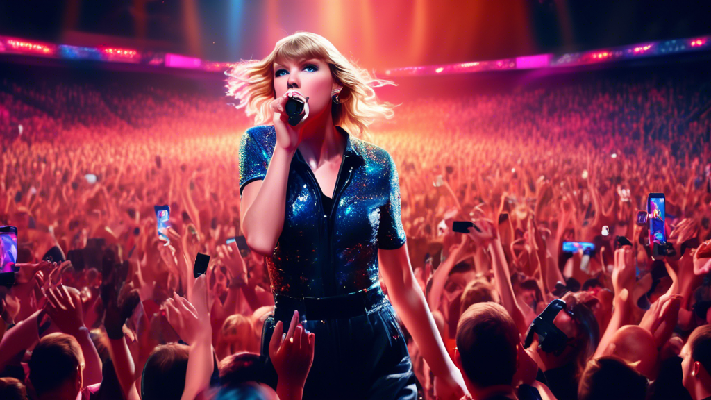 Taylor Swift on stage pausing her concert, gesturing towards the audience with concern, as security personnel assist a fan in distress. The scene captures a large, modern concert arena filled with col