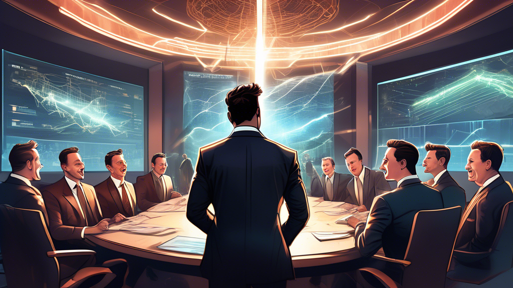 Create an illustration of a boardroom filled with excited Tesla shareholders in a high-tech setting. In the center, depict Elon Musk enthusiastically presenting a futuristic vision, with a backdrop sh