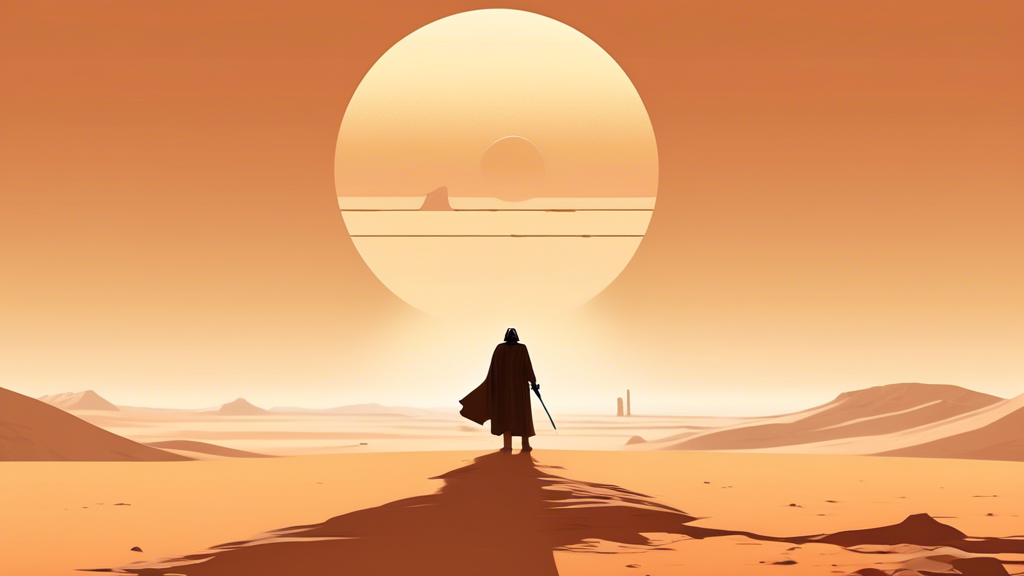 Create an image depicting a minimalist Star Wars scene inspired by The Acolyte, featuring just the essential elements: a lone Jedi figure in simple robes standing in a barren desert landscape, with a