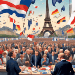 Create an image depicting a European election scene with ballot boxes and voters, with a backdrop of iconic landmarks like the Eiffel Tower and Brandenburg Gate. Highlight the flags and symbols of far
