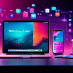 Create an image featuring a vibrant, futuristic WWDC conference setting. In the foreground, display a sleek Apple device such as an iPhone or MacBook, with tiny icons or widgets representing small sof