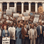 Create an image depicting a large, diverse crowd of people holding a variety of signs and banners calling for the resignation of Samuel Alito. The scene should be set outside a prominent judicial buil