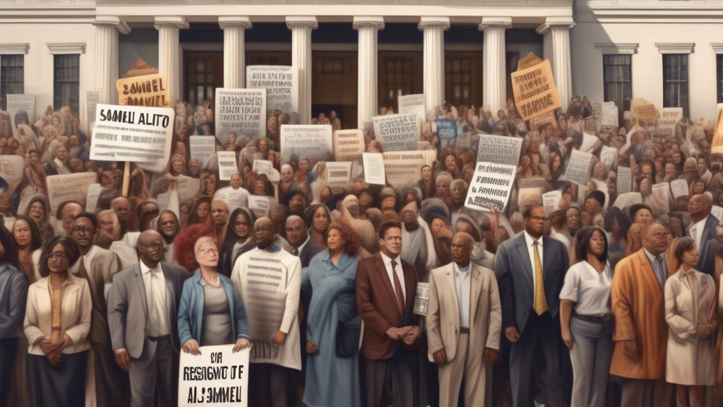 Create an image depicting a large, diverse crowd of people holding a variety of signs and banners calling for the resignation of Samuel Alito. The scene should be set outside a prominent judicial buil