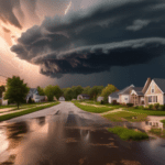 Create an image depicting a tranquil, post-storm evening in West Michigan. The sky is clearing with a dramatic sunset breaking through the remnants of storm clouds. In the foreground, show typical Mid