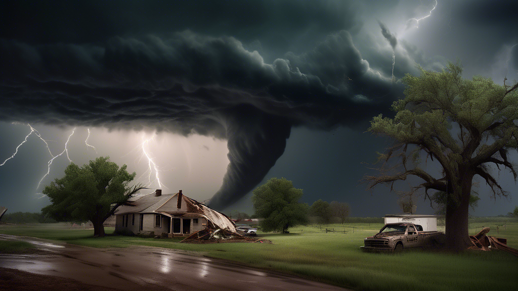 A dramatic scene of tornadoes sweeping across rural Texas, dark storm clouds churning in the sky with flashes of lightning, strong winds uprooting trees and debris flying. The landscape includes a mix