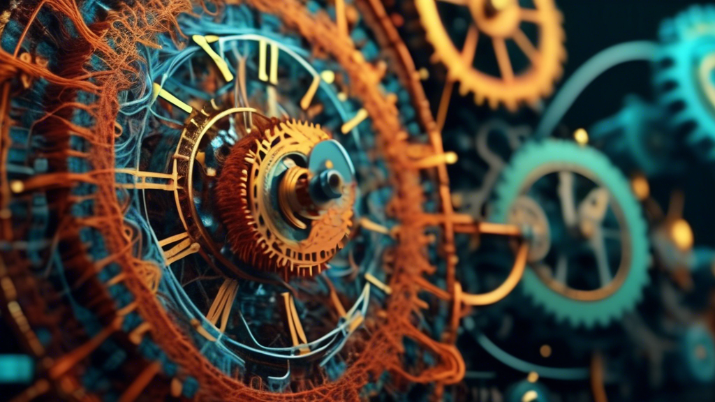 Create an image of a mechanical clock with threads of yarn intricately woven through its gears, causing gears and hands to slow down. The scene should be detailed and convey a sense of complexity and