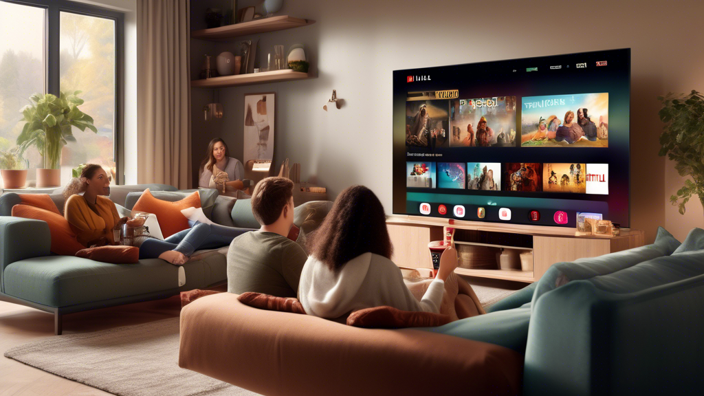 Create an image showing a cozy living room with a modern sofa, people relaxing with popcorn and drinks, and a large smart TV screen displaying icons of popular streaming services like Netflix, Hulu, a