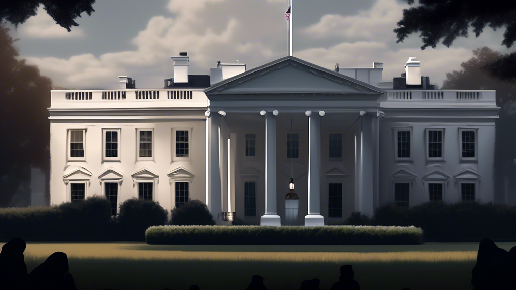 Create an image depicting the exterior of the White House with a somber, reflective atmosphere. In the foreground, include a subtle visual reference to Hunter Biden, such as a shadow or silhouette, su