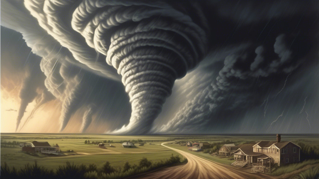 Create an image depicting a dynamic scene of the United States landscape with tornadoes forming in the background. Highlight the geographical features that contribute to tornado formation, such as vas