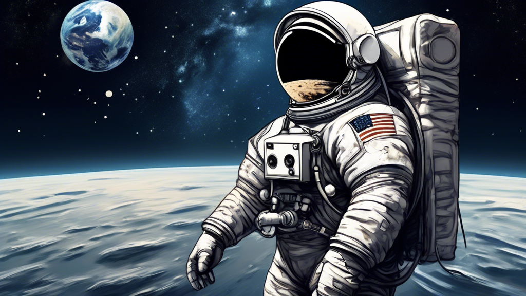 Create a somber but inspiring tribute illustration featuring astronaut William A. Anders. He should be depicted in his Apollo 8 space suit, standing with a view of the Earth rising over the Moon's hor