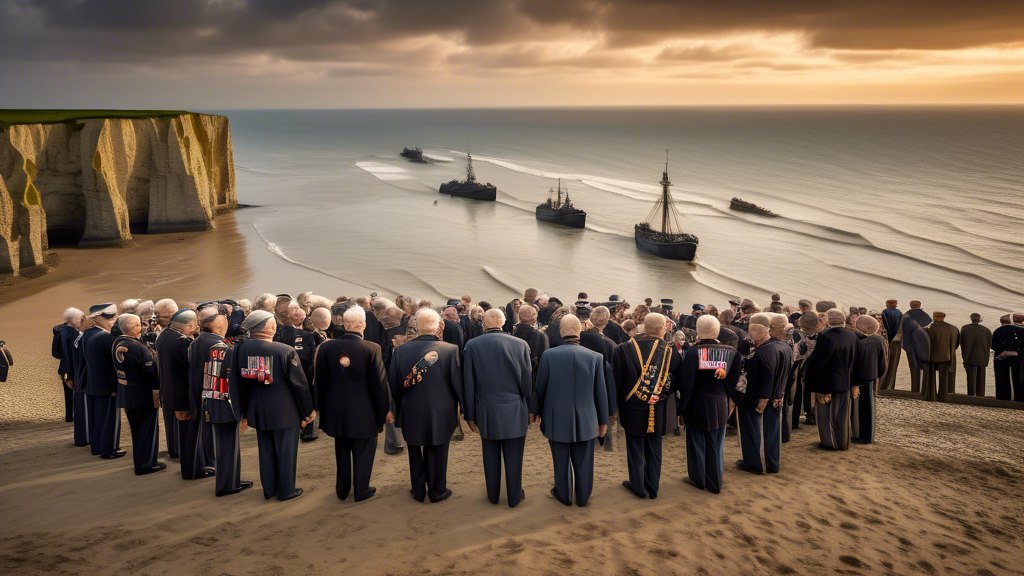 An emotional and poignant scene of 200 surviving veterans standing solemnly on the shores of Normandy, their weathered faces reflecting a mix of pride and sorrow. Behind them, the setting sun casts a